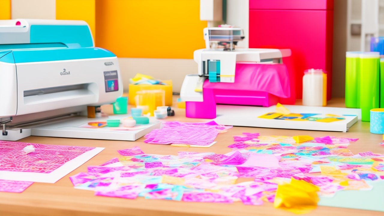 A cinematic, close-up editorial photo of a Cricut cutting machine precisely trimming colorful custom-printed stickers and labels on a cutting mat, surrounded by printed sheets and crafting materials softly lit in a creative workspace.