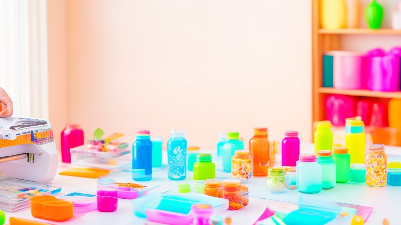 A cinematic editorial image showing hands applying colorful smart vinyl decals with a Cricut machine in a bright, stylish workspace, featuring upcycled glass jars and recycled materials arranged as personalized DIY home decor projects.