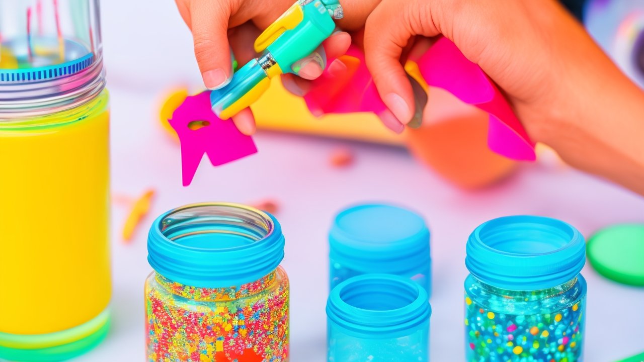 A close-up, cinematic shot of hands applying vibrant Smart Vinyl and intricately cut printed labels onto a recycled glass jar in a bright, stylish craft studio, showcasing sustainable upcycling with Cricut tools and materials.