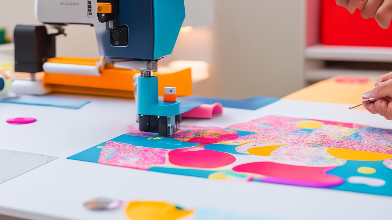 A close-up cinematic shot of a person’s hands carefully applying a colorful vinyl decal onto a smooth surface using a transfer tape, surrounded by a clean, well-lit crafting workspace with Cricut cutting tools and a cutting mat subtly visible in the background.