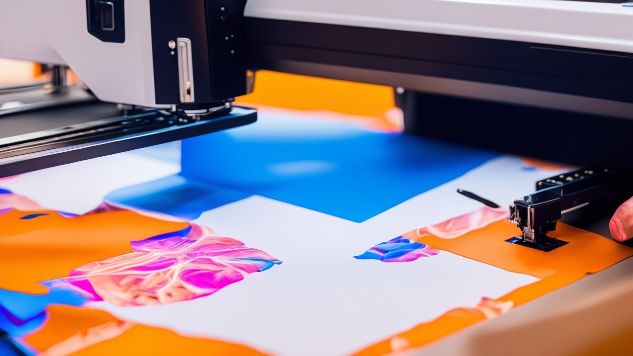 A close-up, cinematic shot of hands carefully positioning a vibrant iron-on vinyl design onto a plain t-shirt, with a Cricut cutting machine and EasyPress heat press subtly blurred in the background, highlighting the precise and creative process of transferring perfect lettering onto fabric.