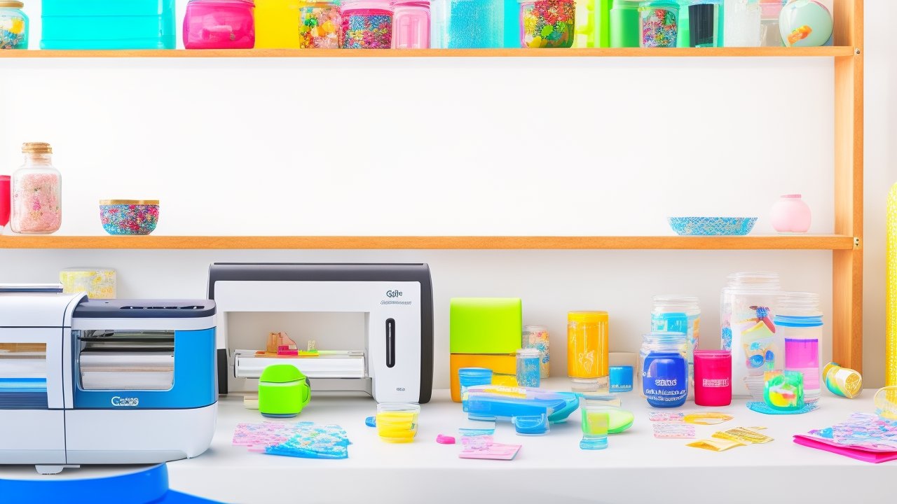 A cinematic editorial photo of a stylish workspace featuring a compact Cricut Joy Xtra machine actively cutting colorful custom stickers and labels, surrounded by recycled glass jars, upcycled wooden items, sheets of smart vinyl and sticker paper, with soft natural lighting emphasizing creative DIY upcycling projects and organized craft tools.