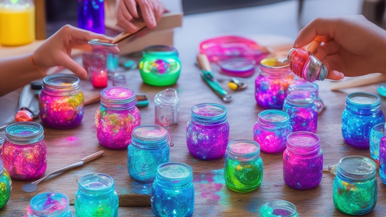 A cinematic, editorial-style close-up of hands applying colorful Smart Vinyl decals onto upcycled glass jars and metal cans on a rustic wooden table, surrounded by crafting tools and recycled materials, softly lit to highlight the sustainable DIY creativity atmosphere.